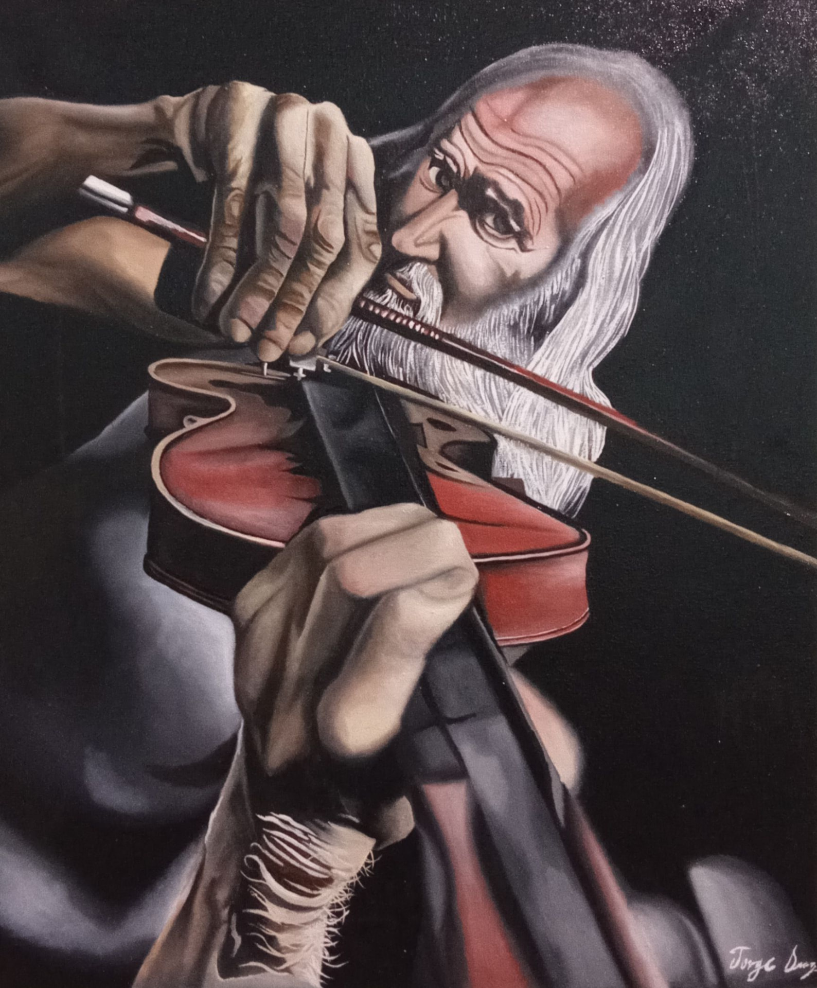 Óleo hiperrealista de un violinista anciano