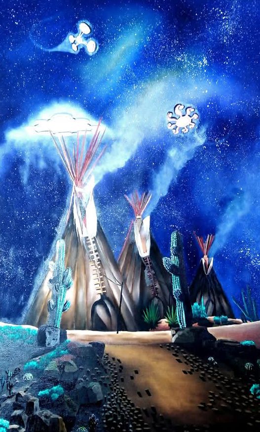 Óleo de campamento de tipis bajo un cielo estrellado